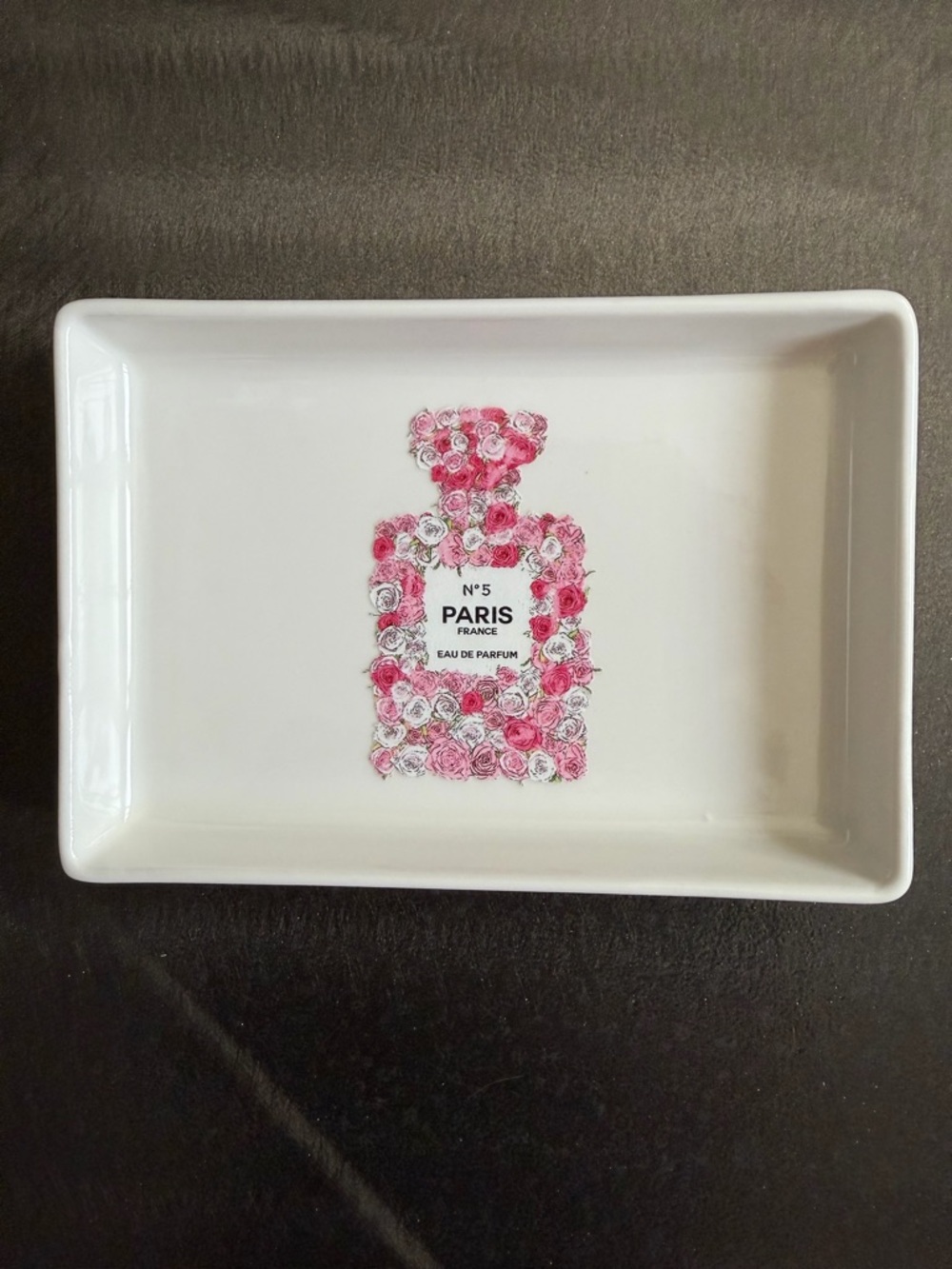 Paris N°5 Floral Perfume Bottle Graphic on White Ceramic Trinket Tray with pink🌷